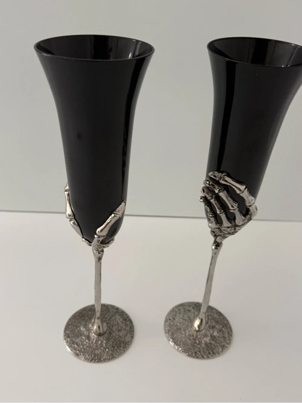 ⁠Gothic Black Glass Skeleton Hand Champagne Flutes Pair - Halloween Wedding Deco